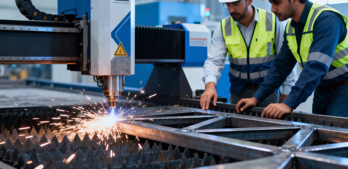 Engineers operating CNC laser cutting machine in a modern metal fabrication workshop in Dubai