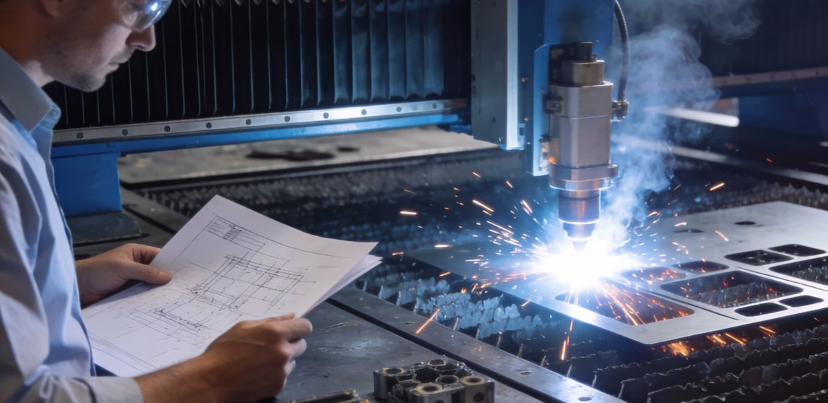 Metal cutting services UAE showing CNC and laser cutting process from design to finished metal components